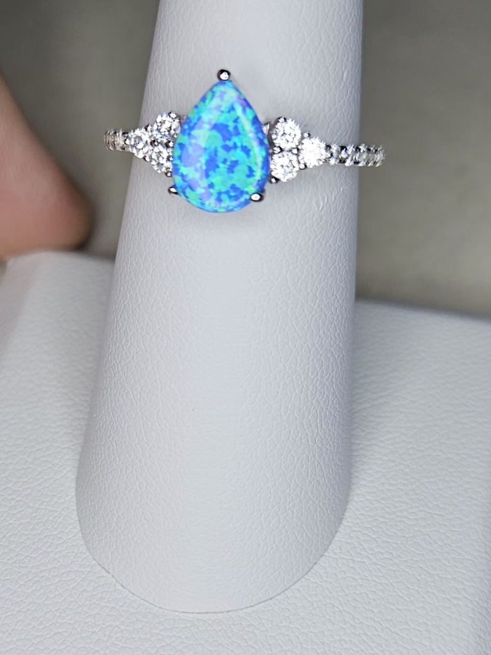 Blue Opal Pear Shape Ring with White Stone Accents, Size 7